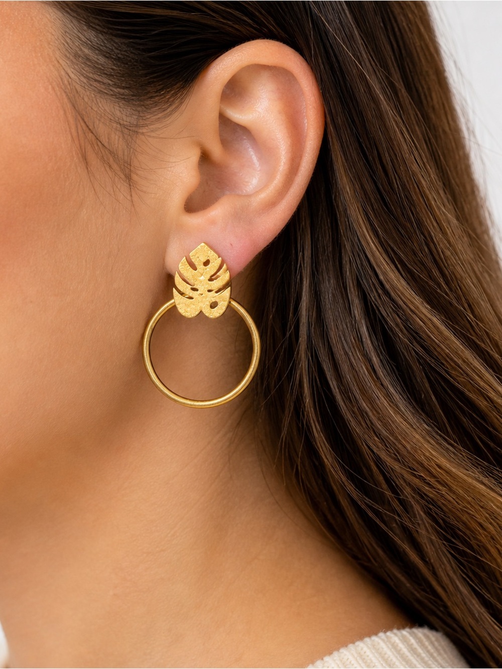 Madewell Gold Leaf Hoop Earrings Statement Dangle Boho Minimalist